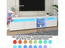 Móvel De Tv| Móvel de TV com armazenamento, 3 portas e 2 prateleiras de vidro, Móvel de TV com LED variável, Branco