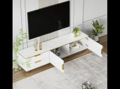 Móvel De Tv* Móvel de TV com armazenamento, 2 portas e 2 gavetas, Móvel de TV baixo, Pés e puxadores dourados, Branco