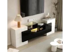 Móvel de TV com arrumação, 6 portas e 2 gavetas, com LED, superfície de alto brilho, preto e^ Móvel De Tv
