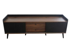 Móvel de TV com duas gavetas, mesa de TV, suporte de TV, painel baixo com duas portas de correr. Textura requintada. Preto e cor de madeira natural. A58/L160/P40 cm^ Móvel De Tv