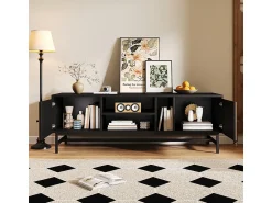 Móvel De Tv| Móvel de TV, com espaço de armazenamento versátil, incluindo armários, compartimentos horizontais e verticais, 150 x 38 x 55 cm, design de contraste -madeira Preto