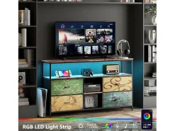 Clearance Móvel de TV com LED RGB, 4 Gavetas de Tecido Vintage, Estrutura Metálica, 108x30x57cm, Prateleira Ajustável Natural claro