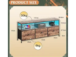 Móvel De Tv* Móvel de TV com LED RGB, 3 Gavetas de Tecido Vintage, Estrutura Metálica, 137x30x57cm, Prateleira Ajustável Multicor