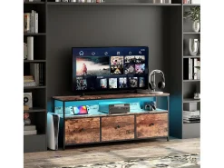 Móvel De Tv* Móvel de TV com LED RGB, 3 Gavetas de Tecido Vintage, Estrutura Metálica, 137x30x57cm, Prateleira Ajustável Multicor