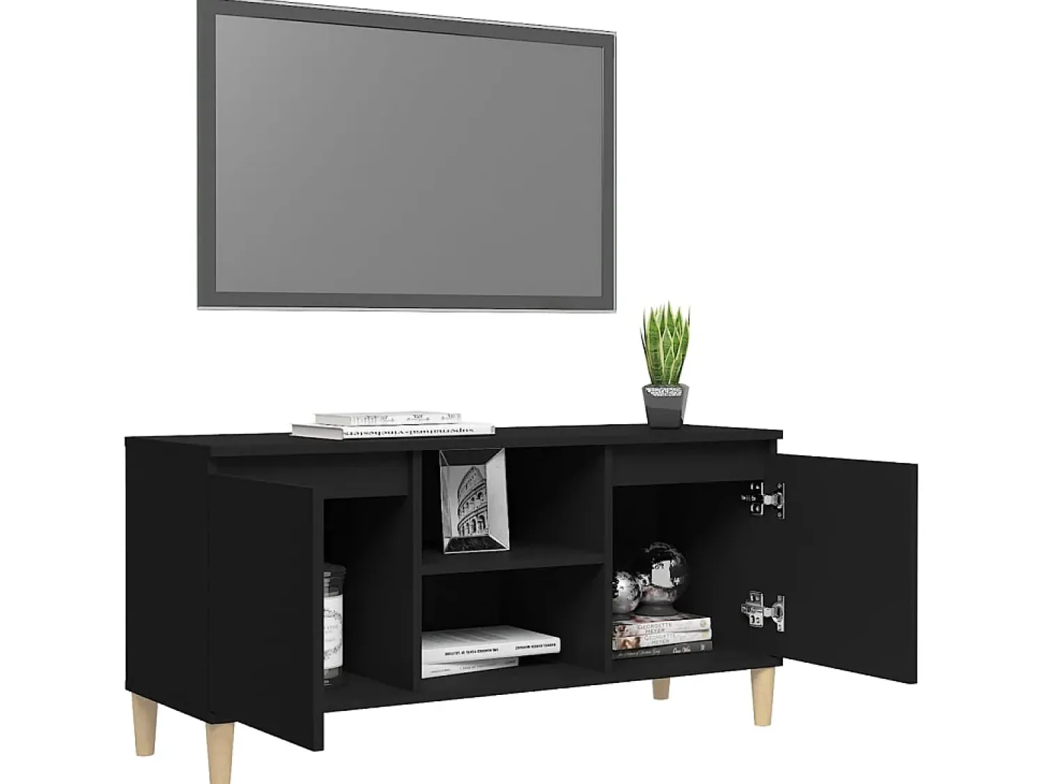 Clearance Móvel de TV com pernas de madeira maciça 103,5x35x50 cm PT239646 Preto