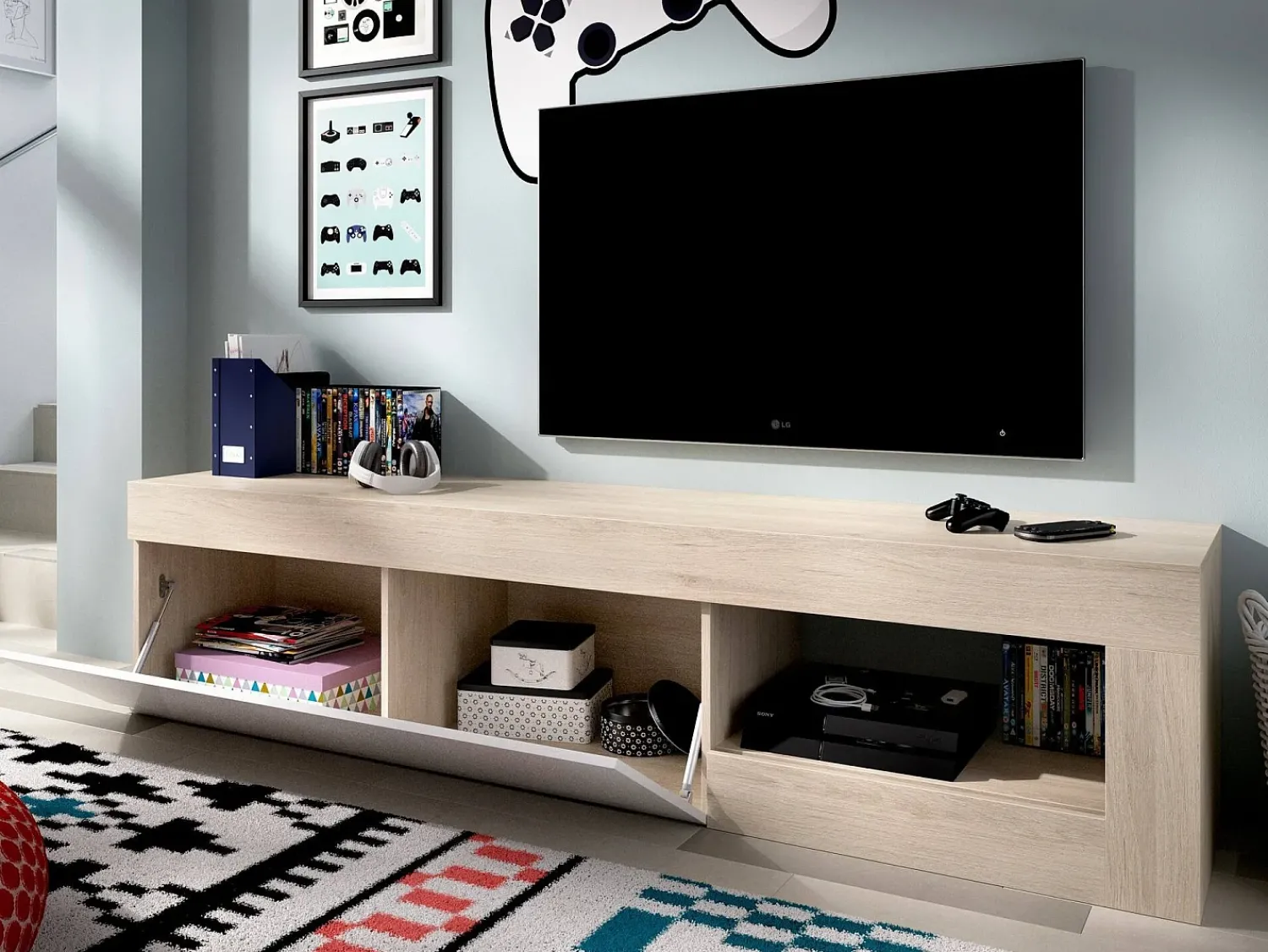 Móvel De Tv*Dmora Móvel de TV Dadl, Aparador baixo da sala, Aparador da sala para televisão, 204x42h48 cm, Carvalho e Branco Castanho