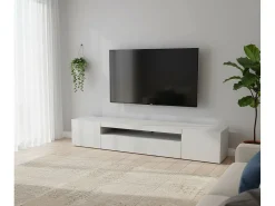 Discount Dmora Móvel de TV Dafrim, Aparador baixo de sala com 3 portas, base de móvel de TV, 100% Fabricado na Itália, 200x40h37 cm, brilhante Branco