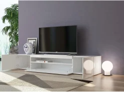 Móvel De Tv*Dmora Móvel de TV Dafrim, Aparador baixo de sala com 3 portas, base de móvel de TV, 100% Fabricado em Itália, 200x40h37 cm, brilhante, com luz LED Branco