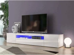 Móvel De Tv*Dmora Móvel de TV Dafrim, Aparador baixo de sala com 3 portas, base de móvel de TV, 100% Fabricado em Itália, 200x40h37 cm, brilhante, com luz LED Branco