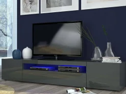Dmora Móvel de TV Dafrim, Aparador baixo de sala com 3 portas, base de móvel de TV, 100% Fabricado em Itália, 200x40h37 cm, Antracite brilhante, com luz LED^ Móvel De Tv