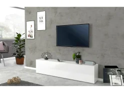 Outlet Dmora Móvel de TV Dbarell, aparador baixo da sala, base de móvel de TV, 100% Fabricado na Itália, 180x30h40 cm, brilhante Branco