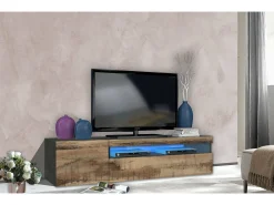 Dmora Móvel de TV Dbele, Aparador baixo de sala, base de móvel de TV, 100% Fabricado em Itália, 150x40h37 cm, Ardósia e Bordo, com luz LED^ Móvel De Tv