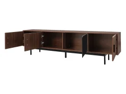 Móvel de TV de 200 cm, Banco de TV moderno com LED, 3 portas listradas e 1 porta de vidro, Suporte de metal^ Móvel De Tv