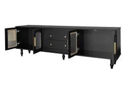 Móvel De Tv| Móvel de TV de 175 cm, com 4 portas de vime, 2 gavetas, pés de metal, puxador de metal, estilo escandinavo, mobiliário de sala - Preto