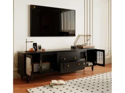 Móvel De Tv| Móvel de TV de 175 cm, com 4 portas de vime, 2 gavetas, pés de metal, puxador de metal, estilo escandinavo, mobiliário de sala - Preto