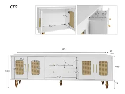 Discount Móvel de TV de 175 cm, com 4 portas de vime, 2 gavetas, pés de metal, puxador de metal, estilo escandinavo, mobiliário de sala - Branco