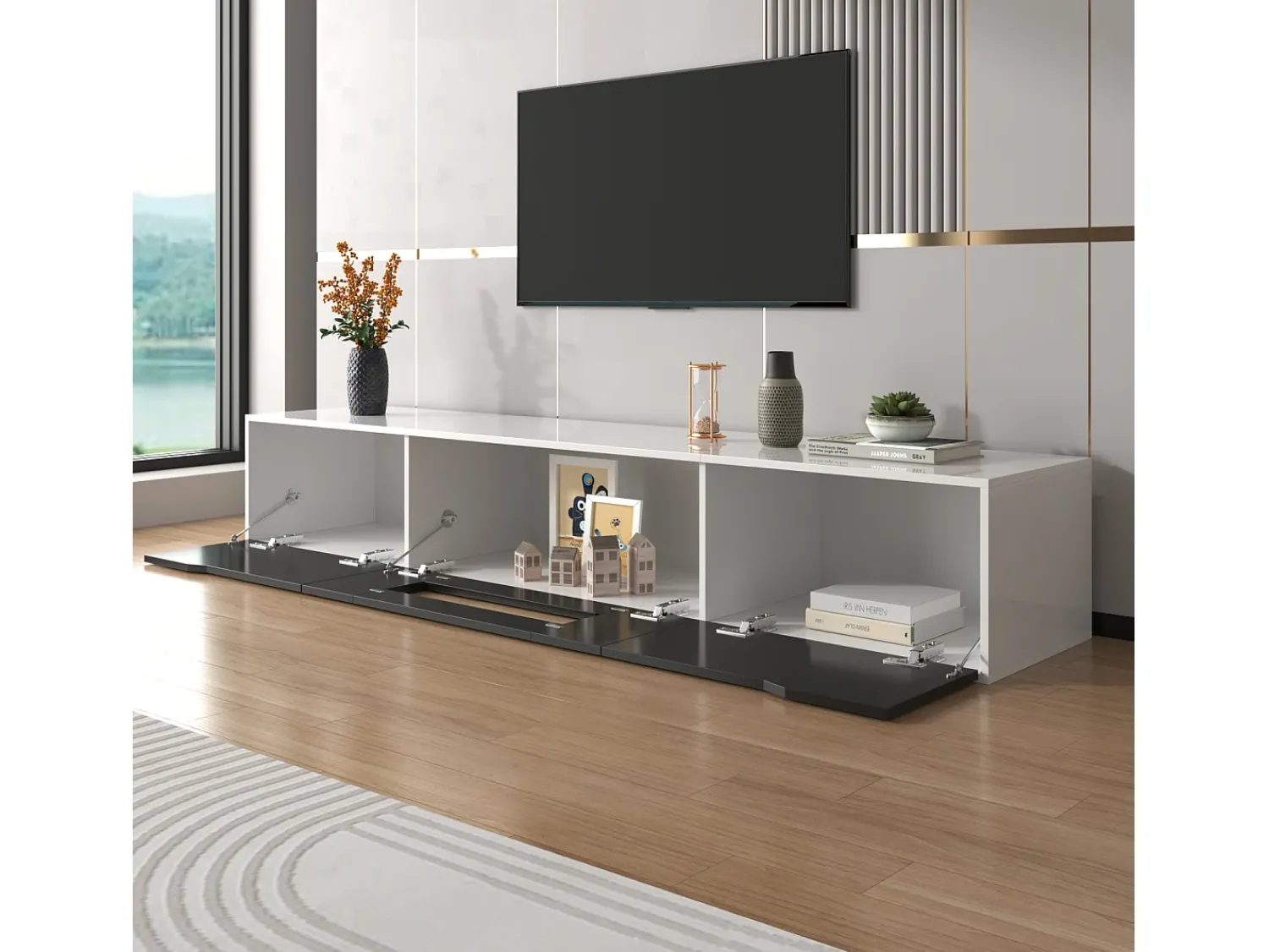 Móvel De Tv* Móvel de TV de 180 cm, com iluminação LED que muda de cor, portas de fole, lacado Móvel de TV de parede, estilo moderno - Preto