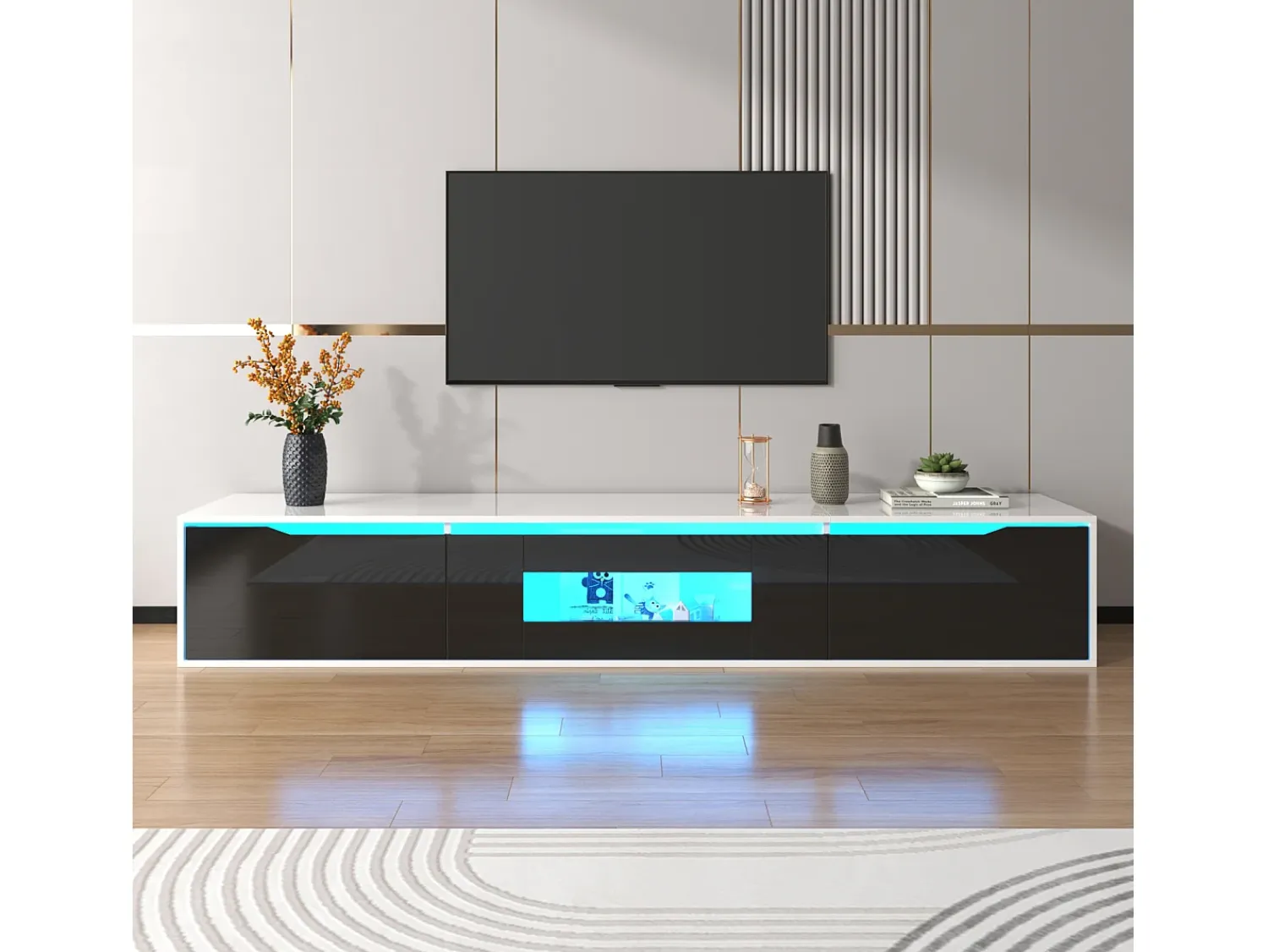 Móvel De Tv* Móvel de TV de 180 cm, com iluminação LED que muda de cor, portas de fole, lacado Móvel de TV de parede, estilo moderno - Preto