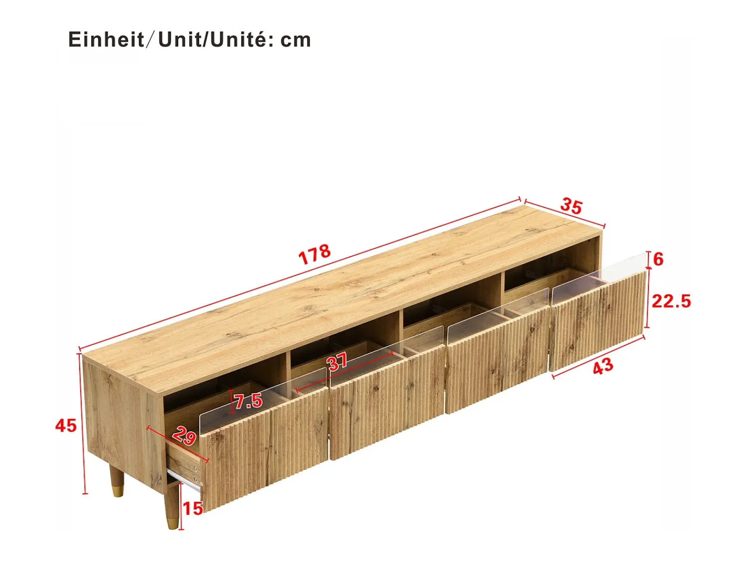 Best Móvel de TV de 178 cm com visual minimalista de madeira e quatro gavetas. Em MDF e acrílico, resistente e elegante para a sala de estar. Natural claro
