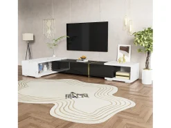 Móvel De Tv*ModernLuxe Móvel de TV de comprimento ajustável (140-260 cm) - 3 portas retráteis - aspeto de mármore branco - e Branco Preto