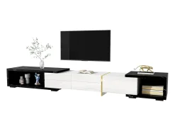 Móvel De Tv|ModernLuxe Móvel de TV de comprimento ajustável (140-260 cm) - 3 portas retráteis - aspeto de mármore preto - e Preto Branco