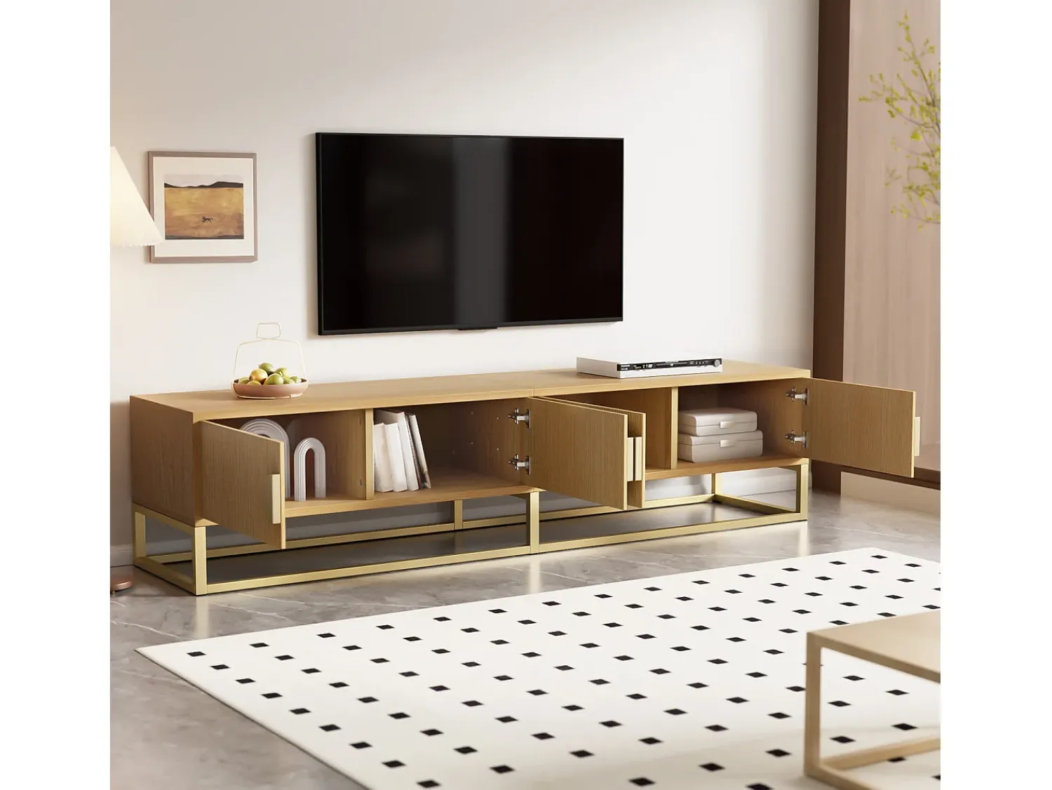Outlet Móvel de TV de madeira com 4 portas, puxadores semicirculares, unidade de armazenamento moderna para sala de estar Natural claro
