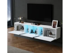 Móvel De Tv|Merax Móvel de TV de parede - 180 x 35 x 30 cm - com LEDs + 3 portas - para TV de 75 polegadas - Aglomerado + Acrílico - Branco