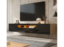 Móvel De Tv|Merax Móvel de TV de parede brilhante - 180 x 37 x 36 cm - com 3 portas + LEDs - para TVs de 75 polegadas - aglomerado - Preto
