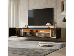 Móvel De Tv|Merax Móvel de TV de parede brilhante - 180 x 37 x 36 cm - com 3 portas + LEDs - para TVs de 75 polegadas - aglomerado - Preto
