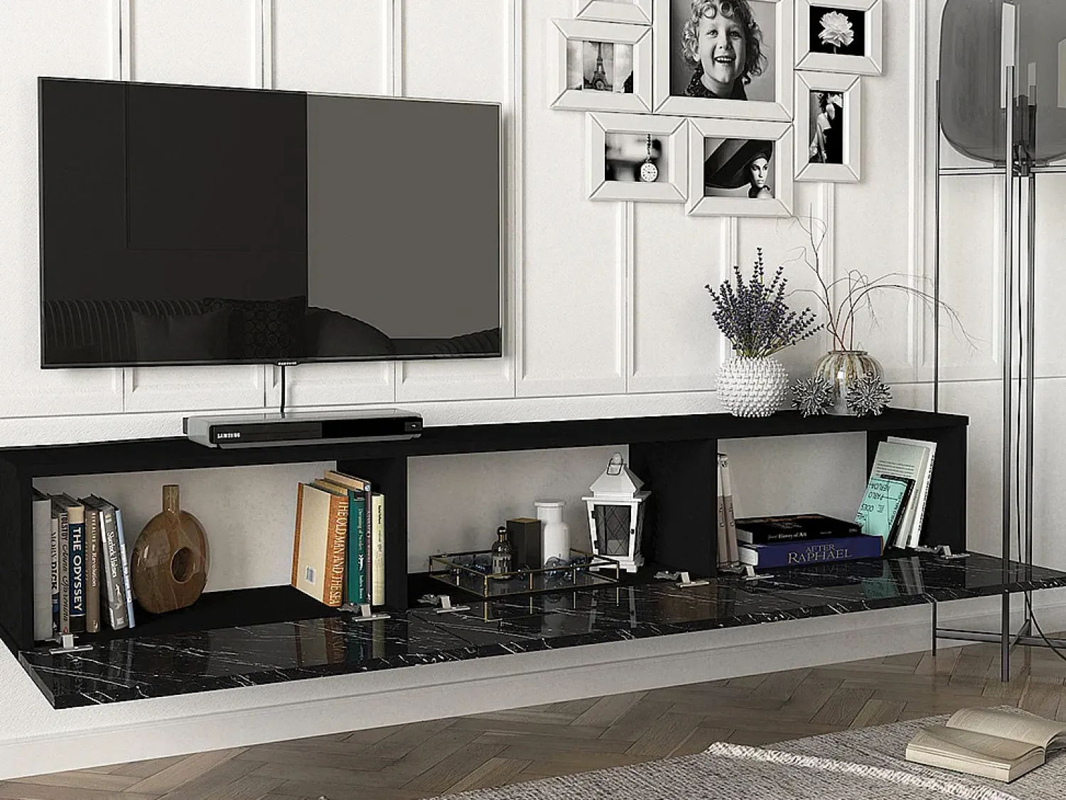 Sale Vente-unique Móvel de TV de parede com 3 portas - Cor: Efeito mármore - VIKILA Preto