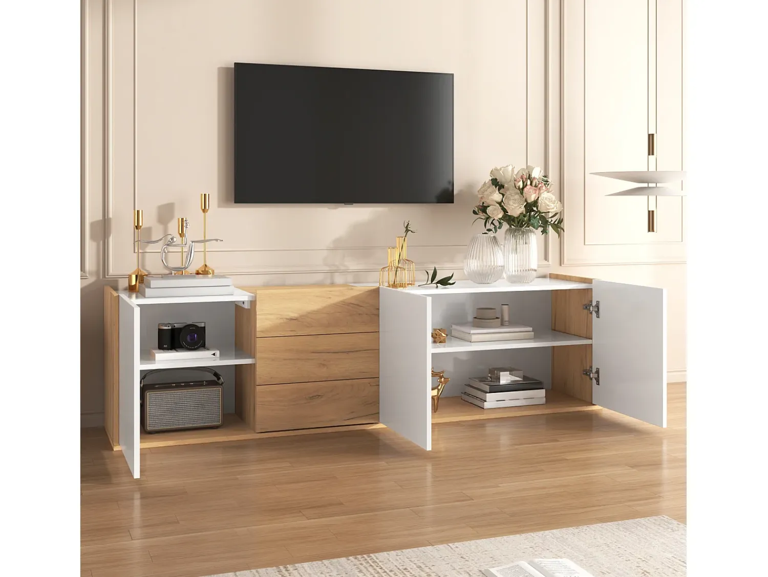 Outlet Móvel de TV de parede para sala de estar, unidade de armazenamento com vários espaços, mesa de TV com 3 gavetas, Branco