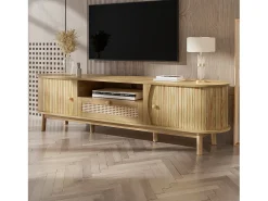 New ModernLuxe Móvel de TV de rattan 165x37x46 cm - 2 portas e 1 gaveta de rattan - Estilo rústico - MDF - Natural Natural claro