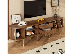 Merax Móvel de TV de vime com porta de correr - 175 x 38 x 45 cm - com 2 gavetas - MDF - natural^ Móvel De Tv