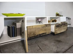 Dmora Móvel de TV Dfagiol, Aparador baixo de sala com 4 portas, base de móvel de TV, 100% Fabricado na Itália, 260x43h46 cm, brilhante e bordo^ Móvel De Tv
