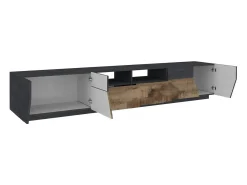 Móvel De Tv*Dmora Móvel de TV Dfagiol, Aparador baixo de sala com 4 portas, base de móvel de TV, 100% Fabricado na Itália, 260x43h46 cm, Ardósia e Bordo Castanho