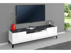 Dmora Móvel de TV Dfigol, Aparador baixo de sala com 2 portas, base de móvel de TV, 100% Fabricado em Itália, 160x40h47 cm, brilhante e ardósia^ Móvel De Tv