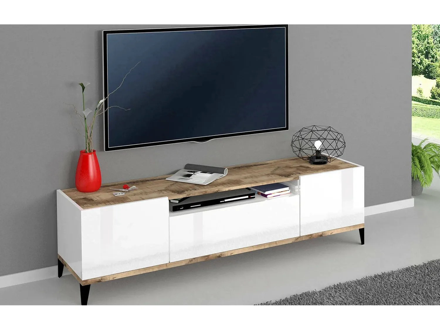 Móvel De Tv|Dmora Móvel de TV Dfigol, Aparador baixo de sala com 2 portas, base de móvel de TV, 100% Fabricado em Itália, 160x40h47 cm, brilhante e Bordo Branco