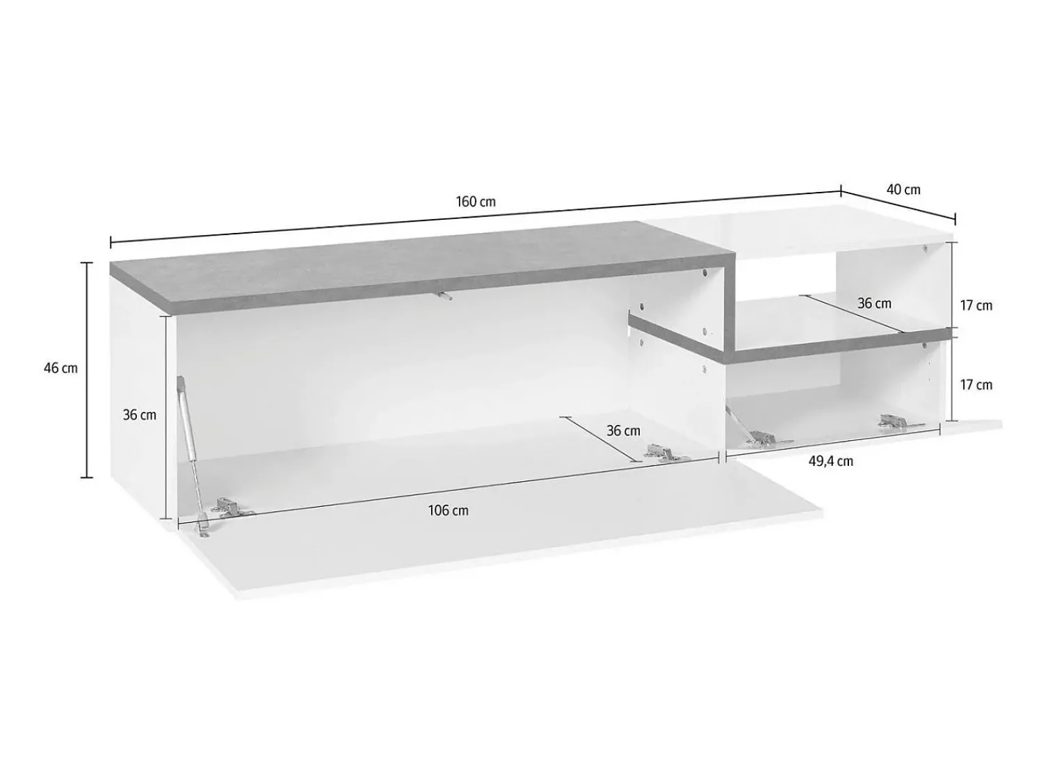 Best Dmora Móvel de TV Dgal, Aparador baixo de sala com 2 portas, base de móvel de TV, 100% Fabricado em Itália, 160x40h46 cm, brilhante e ardósia Branco