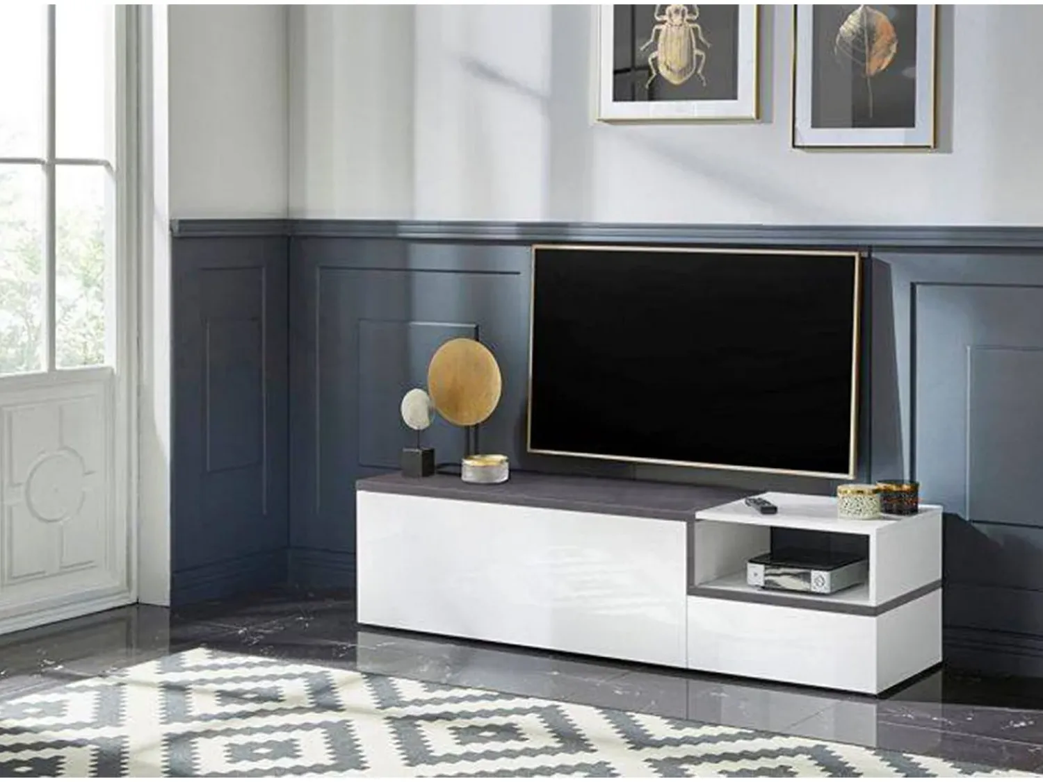 Best Dmora Móvel de TV Dgal, Aparador baixo de sala com 2 portas, base de móvel de TV, 100% Fabricado em Itália, 160x40h46 cm, brilhante e ardósia Branco