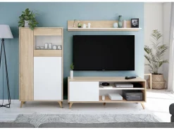 Móvel De Tv*Dmora Móvel de TV Dhuijse, Aparador para televisão da sala com 1 porta, Móvel de TV da sala, Aparador design, 135x40h50 cm, Carvalho Castanho