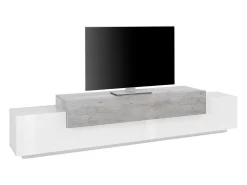 Clearance Dmora Móvel de TV Dlamann, Aparador baixo de sala, base de móvel de TV, 100% Fabricado em Itália, 240x45h52 cm, Branco brilhante e cimento Cinzento claro / Branco