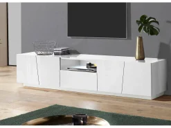Dmora Móvel de TV Dlori, Aparador baixo de sala, base de móvel de TV, 100% Fabricado na Itália, 220x43h46 cm, brilhante, com luz LED^ Móvel De Tv
