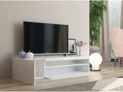 Móvel De Tv*Dmora Móvel de TV Dmangoni, Aparador baixo de sala com 2 portas, base de móvel de TV, 100% Fabricado na Itália, 150x40h37 cm, brilhante, com luz LED Branco
