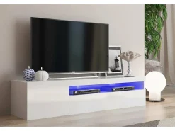 Móvel De Tv*Dmora Móvel de TV Dmangoni, Aparador baixo de sala com 2 portas, base de móvel de TV, 100% Fabricado na Itália, 150x40h37 cm, brilhante, com luz LED Branco