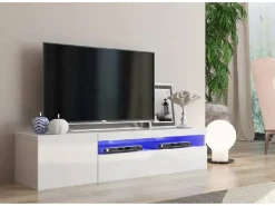 Móvel De Tv*Dmora Móvel de TV Dmangoni, Aparador baixo de sala com 2 portas, base de móvel de TV, 100% Fabricado na Itália, 150x40h37 cm, brilhante, com luz LED Branco