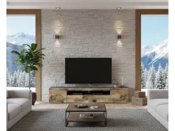 Móvel De Tv*Dmora Móvel de TV Dmarso, Aparador baixo de sala com 3 portas, base de móvel de TV, 100% Fabricado na Itália, 200x40h37 cm, Ardósia e Bordo, com luz LED Castanho