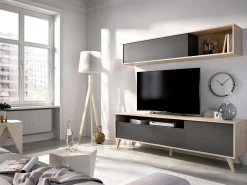 Móvel De Tv|Dmora Móvel de TV Dmillic, Móvel de sala de TV, Móvel de sala multiusos, 180x41h180 cm, Antracite e Knot Oak Preto
