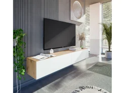 Móvel De Tv|Dmora Móvel de TV Dmussi, móvel de TV de 2 portas, móvel de sala suspenso, 180x35h28 cm, Knot Oak e Branco Brilhante Natural claro / Branco