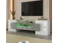 Clearance Móvel de TV elegante, modelo baixo, branco brilhante, 200 cm, iluminação LED, design moderno, superfície de vidro. Cinzento