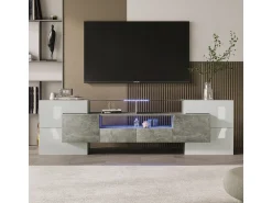 Clearance Móvel de TV elegante, modelo baixo, branco brilhante, 200 cm, iluminação LED, design moderno, superfície de vidro. Cinzento